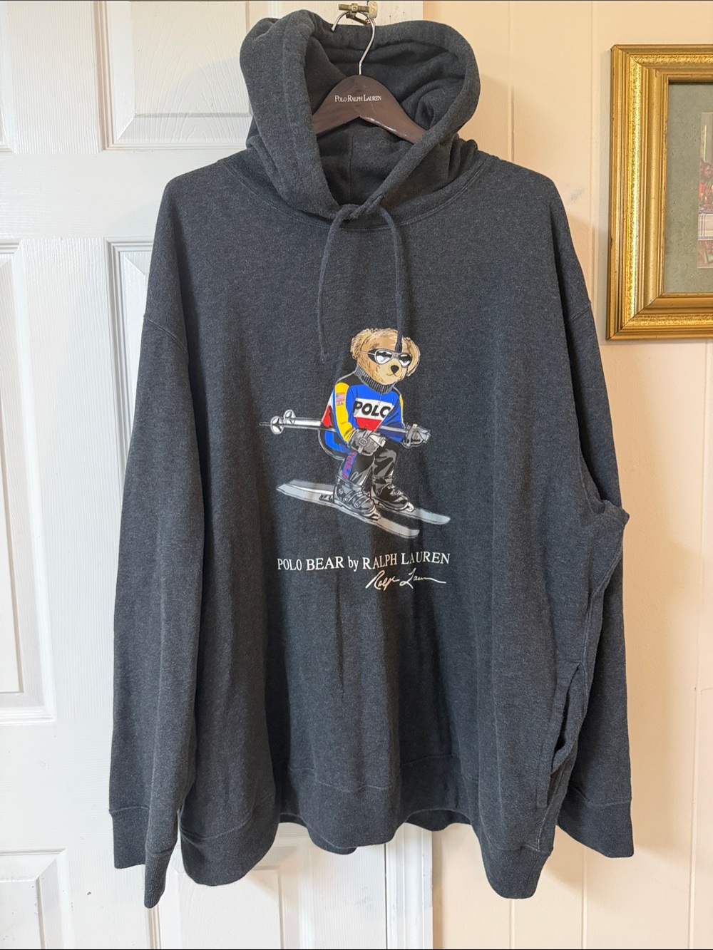 Men Big and Tall Polo by Ralph Lauren Charcoal Bear Ski Graphic Hoodie